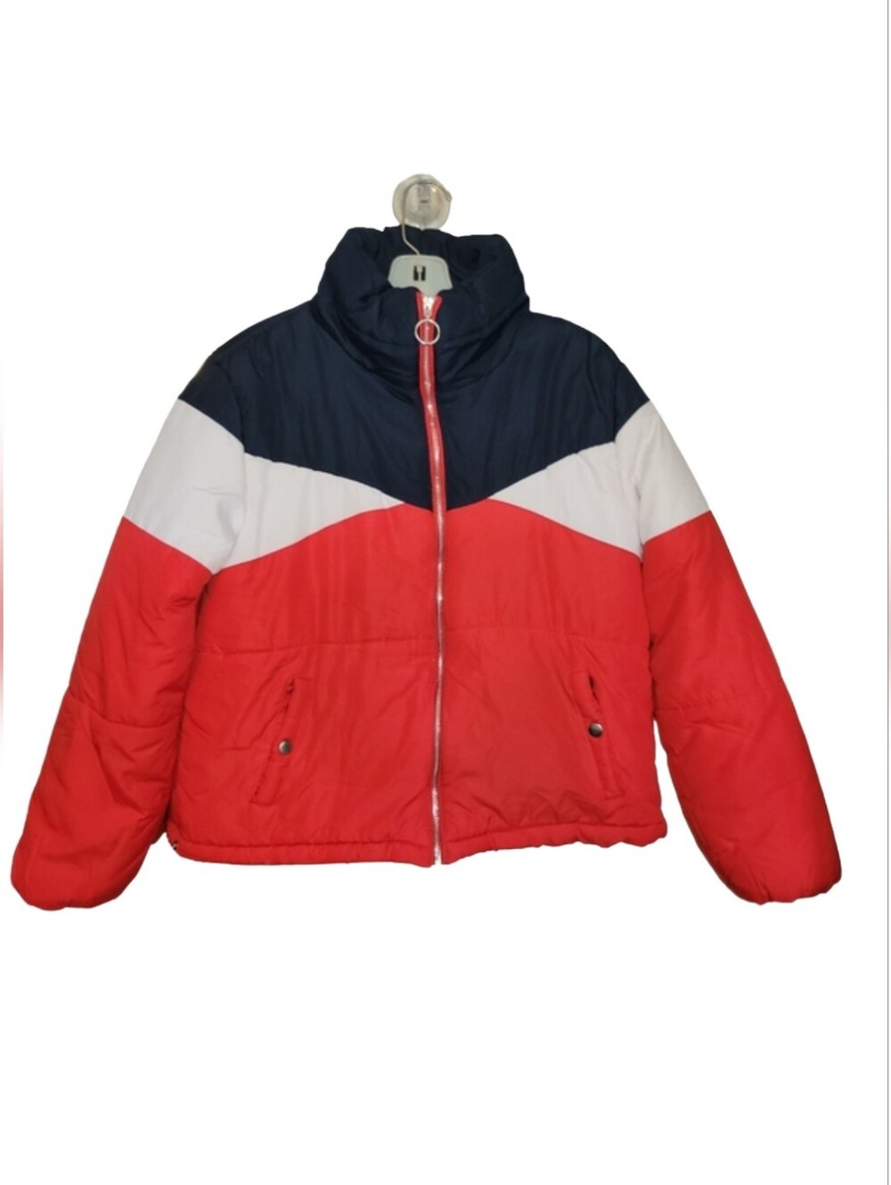 New Look Tricolor Block Puffer Jacket Size Med/ Red White Blue Retro Sporty
